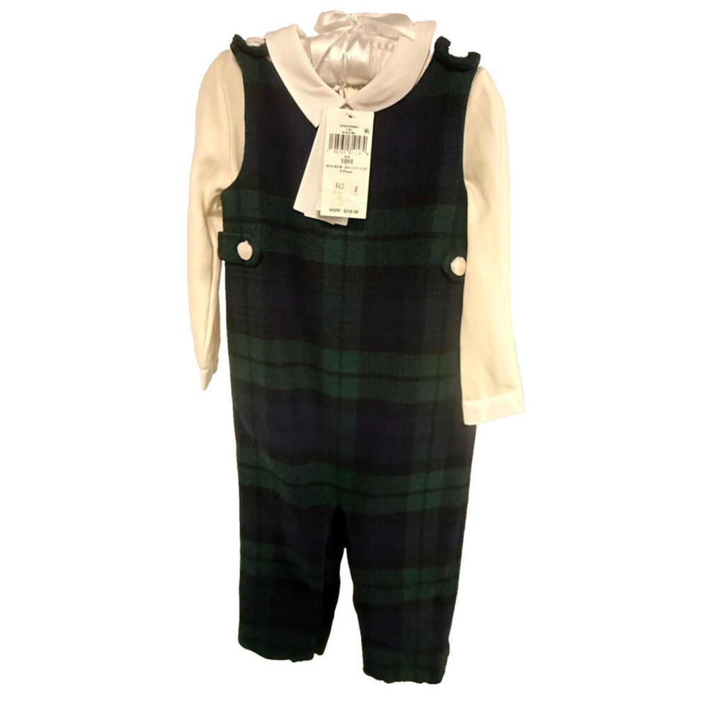 Ralph Lauren Baby Girl Plaid Jon Jon & Shirt Set Navy Green 18M New